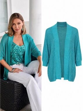 Boston Proper Cardigan Sweater | Teal Aqua Open Front Lightweight Knit | Size M